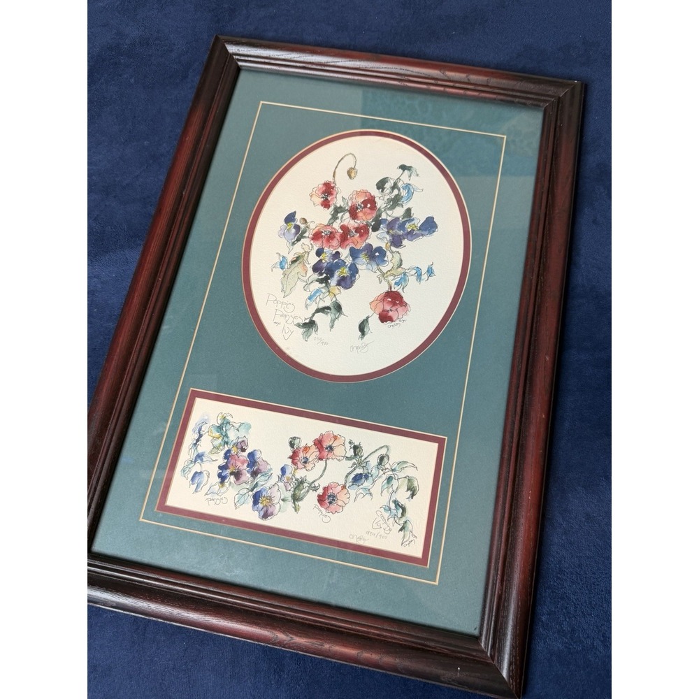 Vtg Chaton Rymer #253/900 Limited Edition Water Color Poppies Pansies & Ivy